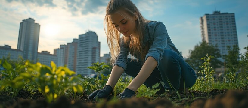 Young woman gardening in urban environment with apartment buildings in the background.