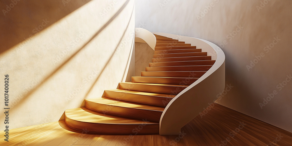 Poster sunlight illuminating modern open space with spiral staircase