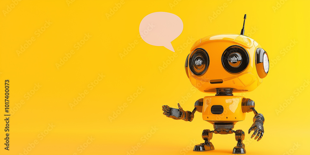 Aufkleber 3d render of a cute yellow robot pointing with his hand and a speech bubble