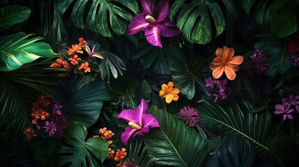 A tropical jungle scene with exotic flowers blooming among lush greenery, vivid pinks, oranges, and purples against dark leaves.