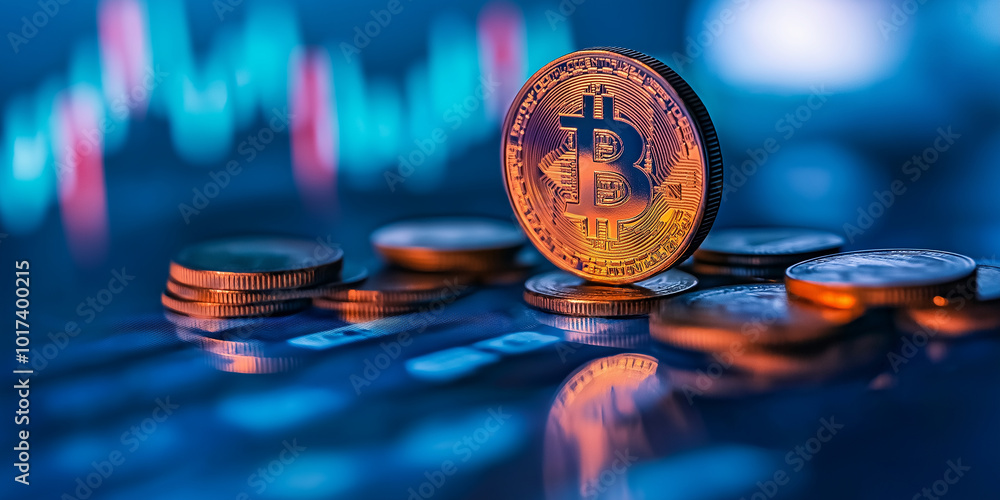 Poster bitcoin is standing on a pile of coins with stock market charts in the background