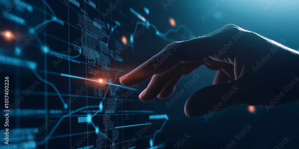 Aufkleber Software engineer touching interactive digital world map with data and code flowing