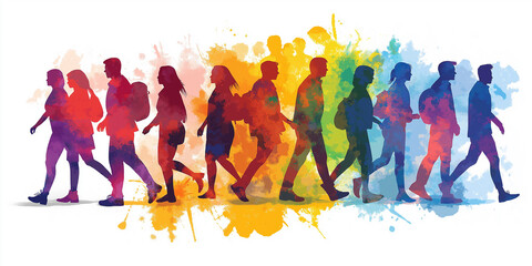 Diverse group of students walking together with colorful splashes