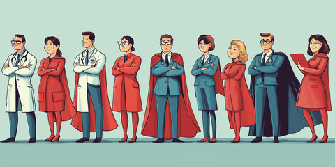 Group of diverse professionals wearing red capes standing with crossed arms smiling at the camera