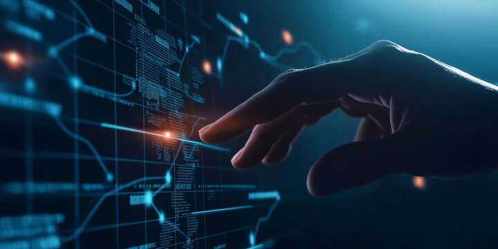 Software engineer touching interactive digital world map with data and code flowing