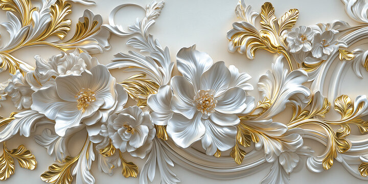 Fototapeta White flowers pattern on golden floral ornament for background and wallpaper design