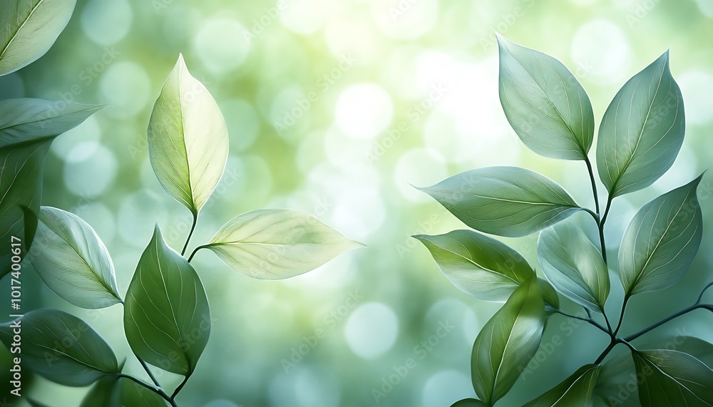 Poster lush green leaves glisten with dew against a soft, blurred background, creating a serene and refresh
