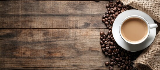 Coffee cup with saucer and coffee beans on a rustic wood table.