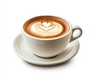 Fototapeta premium A cup of coffee with a heart-shaped design in the foam, on a white saucer, isolated on a white background.