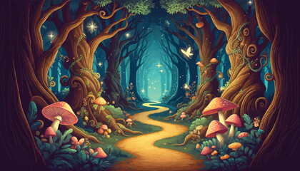 Mystical woodland with ancient trees lush vegetation and sparkling fairy lights background