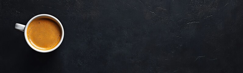 Top view of a cup of coffee on a black background.