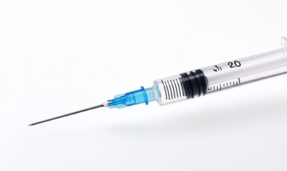 Fototapeta premium A syringe with a blue tip is shown on a white background