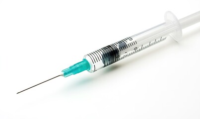 A syringe with a green tip is shown on a white background