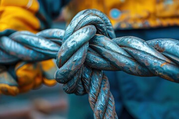Close-up of a steel rope knot held by a worker, showcasing the strength and durability of industrial materials. The background includes work gloves and a jacket.