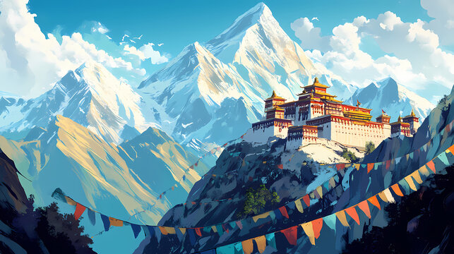 Himalayan mountain range with tibetan monastery and prayer flags. Tibetan Prayer Flags. Illustration