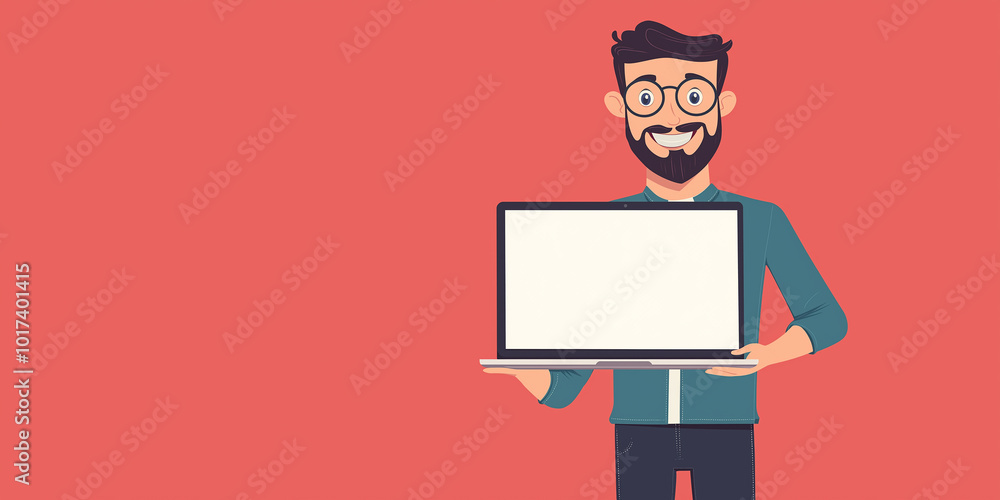 Poster smiling bearded hipster showing laptop with blank screen