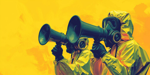 Two people wearing hazmat suits and gas masks shouting through megaphones
