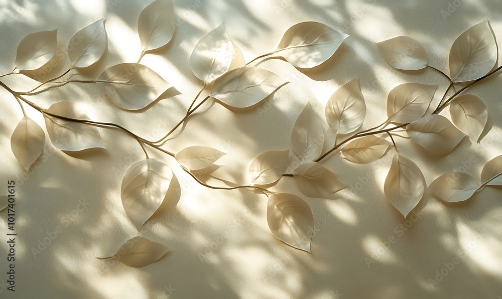 Fototapete a delicate arrangement of light-toned leaves casting shadows on a soft background, creating an ether