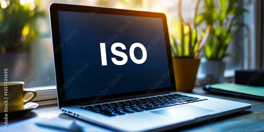 Poster laptop showing iso certification concept on screen in office at sunset
