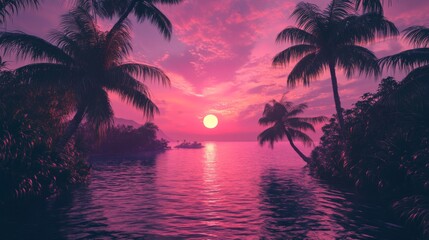 A vibrant pink sunset over a tropical island, framed by palm trees.