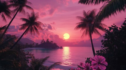 A vibrant pink sunset over a tropical beach with palm trees and lush vegetation.