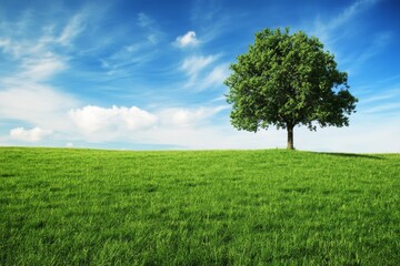 A single, large tree stands alone on a grassy hill under a blue sky with white clouds.