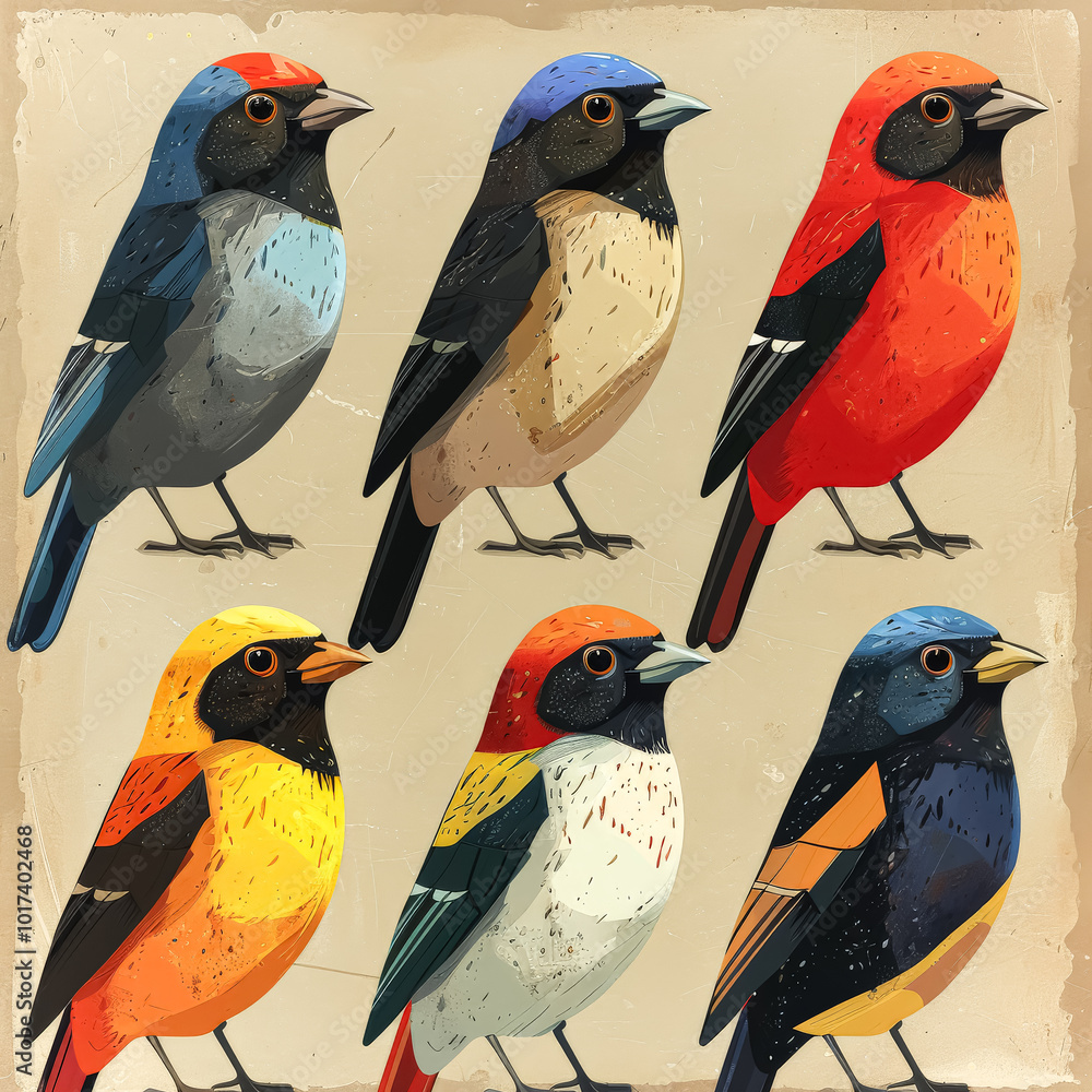 Aufkleber set of six colorful birds with different colors and patterns.