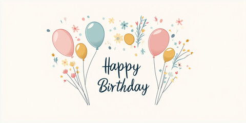 Happy birthday greeting card with balloons and flowers floating