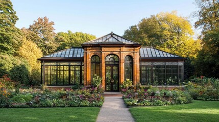 Obraz premium Ornate Greenhouse in a Tranquil Garden Setting