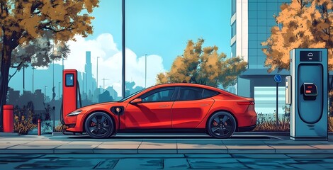 Illustration of Electric Vehicle at Charging Station, Modern Eco-Friendly Transportation Concept