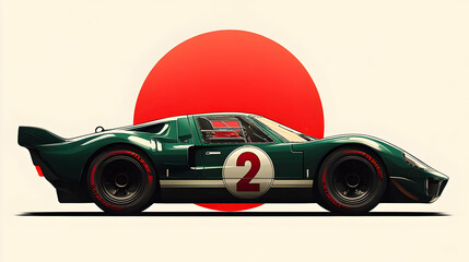 Vintage racing car illustration with a bold red circle background.