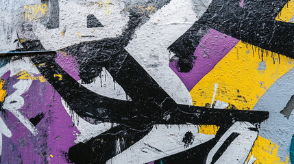 Fototapeta premium abstract urban graffiti wall art - black, white, yellow, purple, street art, texture, background, city, modern, cool, artistic, design