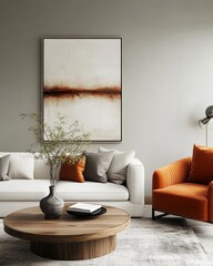 Modern living room with a white couch, orange armchair, and a wooden coffee table.