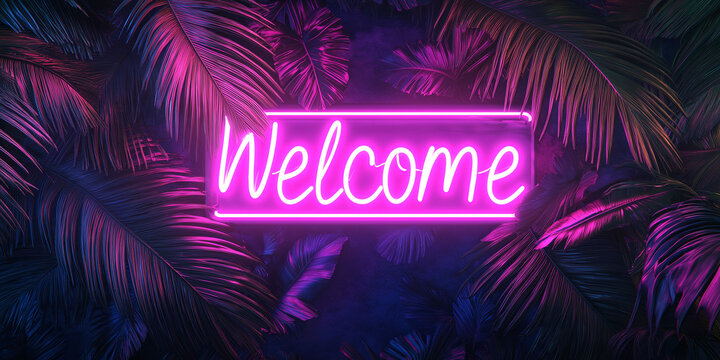 Vibrant neon sign saying welcome surrounded by tropical plants - Powered by Adobe