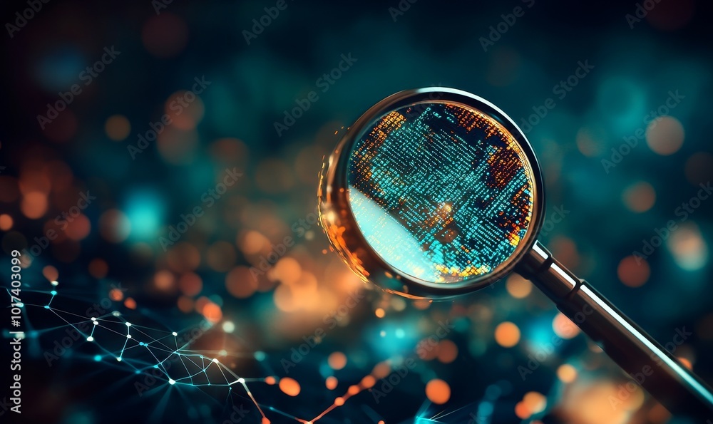 Wall mural a magnifying glass with a digital code inside, positioned over an abstract network of glowing lines 
