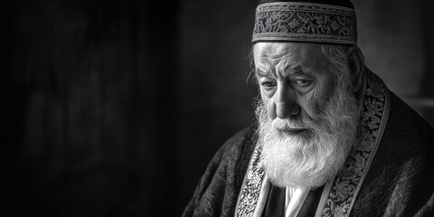 Fototapeta premium Senior religious man looking down with sadness in black and white