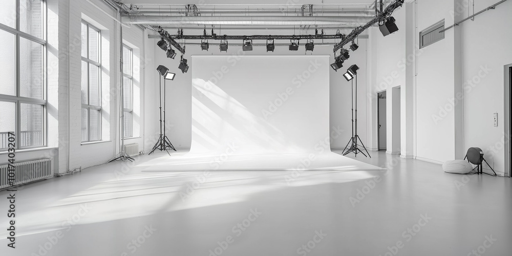 Poster empty photo studio is set up and waiting for a photoshoot