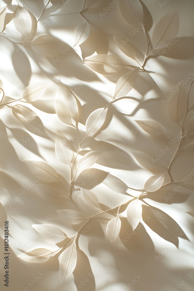 Fototapete a delicate pattern of leaf silhouettes casts soft shadows on a light background, creating an airy an