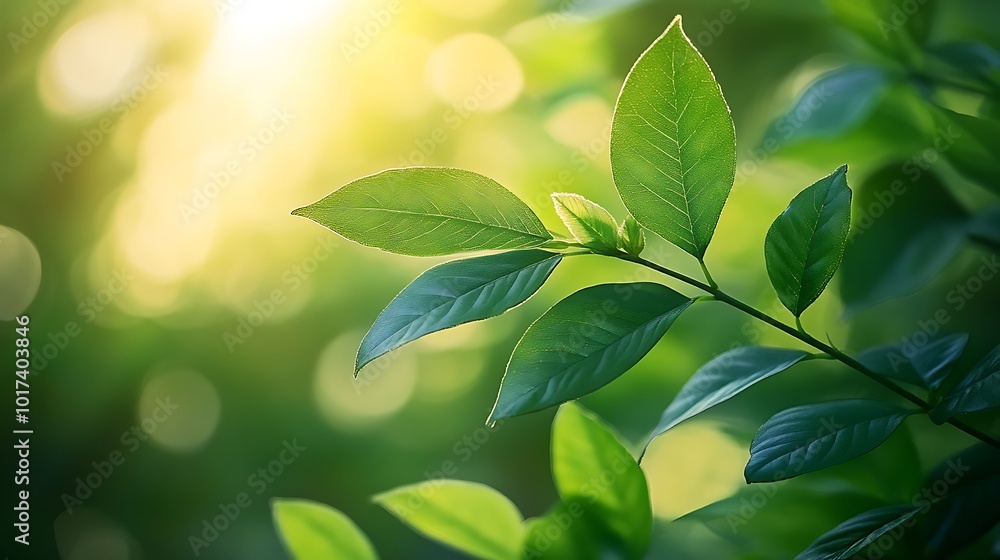 Poster A close-up view of vibrant green leaves glistening with dew, bathed in soft sunlight, creating an ethereal atmosphere in a natural setting.