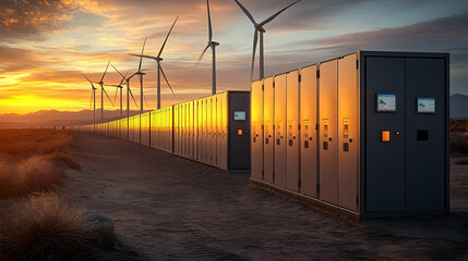 Wind turbines and energy storage units at sunset.