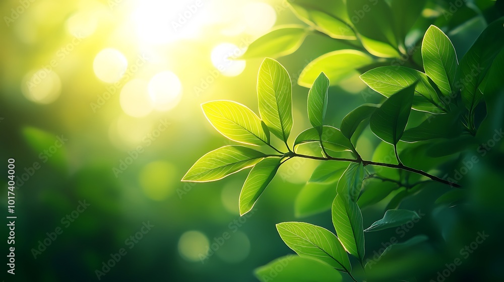Poster lush green leaves glisten in soft sunlight, creating a serene and vibrant atmosphere filled with nat