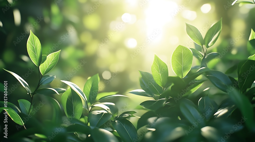 Aufkleber Lush green leaves illuminated by soft sunlight, creating a serene and refreshing atmosphere in a natural setting.