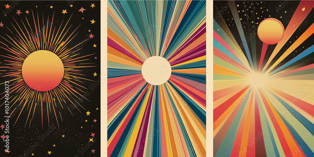 Poster set of abstract retro backgrounds with sun and planets radiating light beams