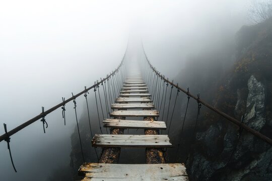 A suspension bridge with missing planks stretching across a fog-covered ravine, representing the uncertainty and danger of crossing risky paths.