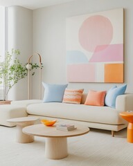 Modern living room with a white sofa,  geometric abstract art, and wooden side tables on a textured carpet.
