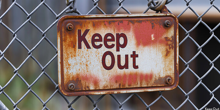 Old rusty keep out sign hanging on chain link fence