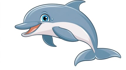 Obraz premium A Cute Dolphin Cartoon Character with a Playful Expression, Swimming Joyfully in a Vibrant Ocean. This Adorable Illustration Features Big, Sparkling Eyes, a Smiling Face, and Bubbles Surrounding 