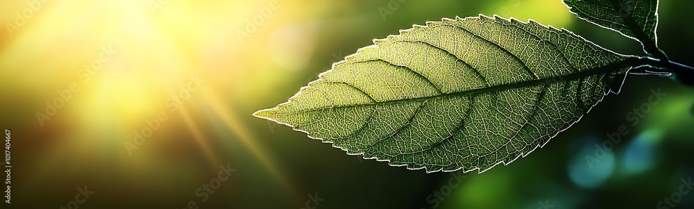 Poster a close-up of a green leaf adorned with drops of water, illuminated by sunlight, creating a refreshi