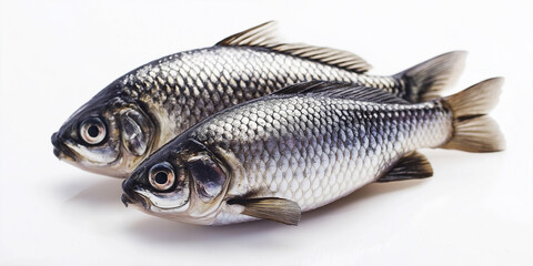Obraz premium Two fresh prusian carp fish lying on white background