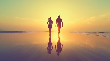 Fototapeta premium Couple walking on beach during sunset, silhouettes against glowing horizon.